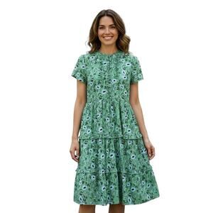 eShakti Green Blue Floral Cottagecore Ruffled Fit and Flare Dress Size 4 Pockets